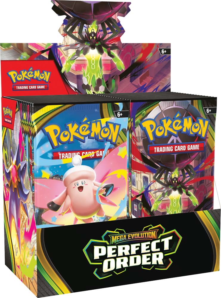 Pokémon trading card game packs with colorful designs and 'Perfect Order' text.