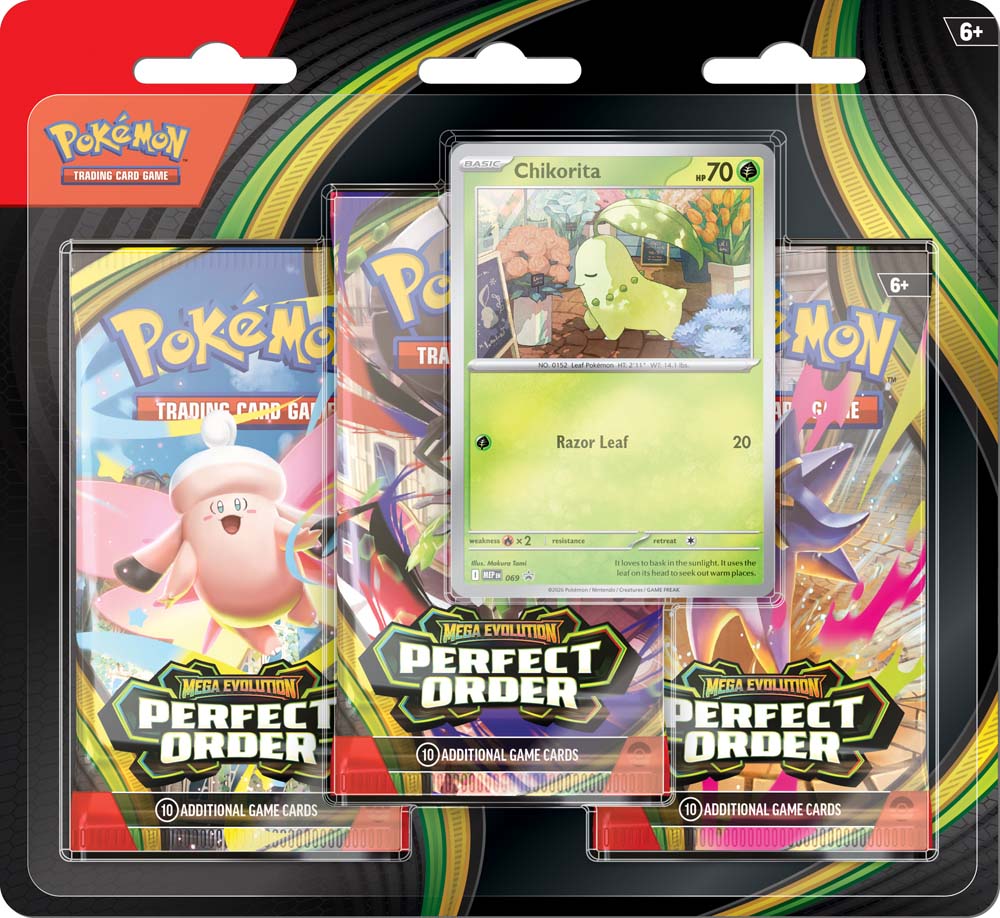 Pokémon trading card game packs with a Chikorita card displayed.