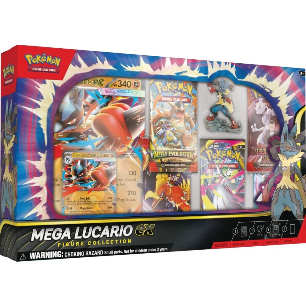 Pokémon Mega Lucario EX Figure Collection packaging with cards and figures.