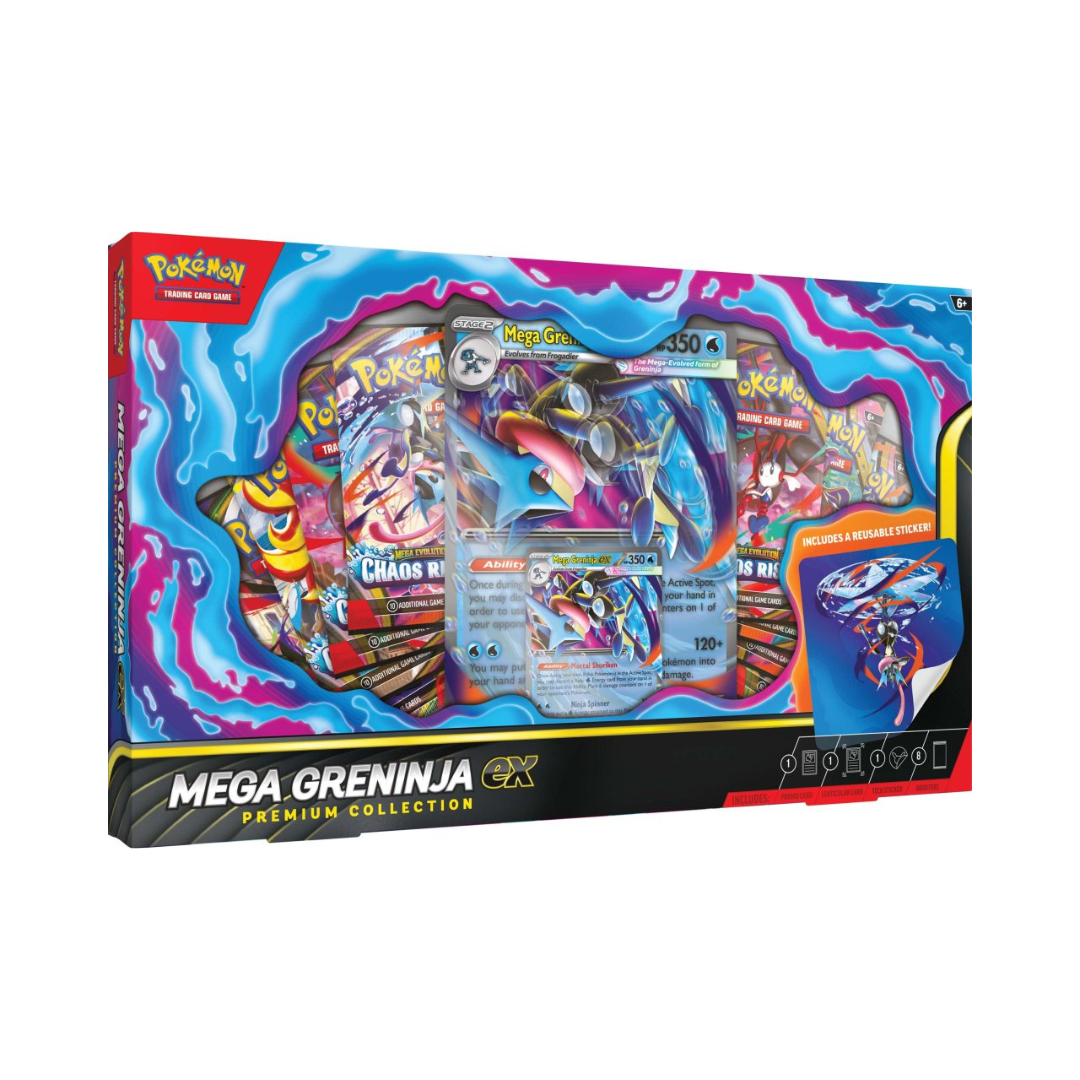 Pokémon Mega Greninja Premium Collection packaging with colorful design and card images.