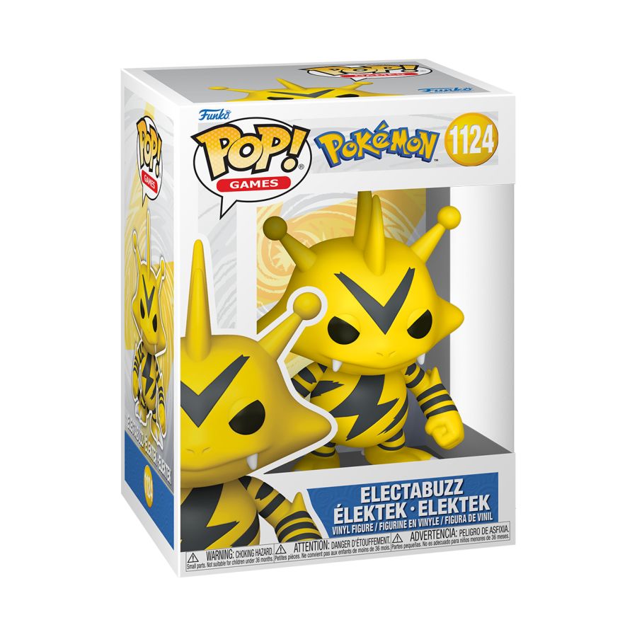 Funko Pop! Games Pokemon Electabuzz figure in Funko packaging on a white background. Pokemon - Electabuzz Pop! Vinyl.