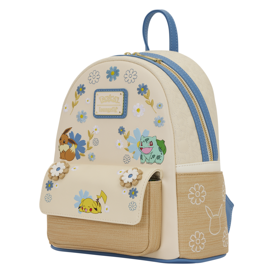 Backpack with Pokémon characters and floral designs on a beige background. Pokemon - Floral Mini Backpack.