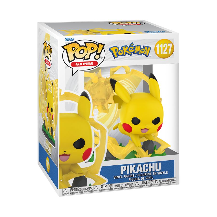 Pikachu Pop! Vinyl in a pouncing position with lightning bolt. Pokemon - Pikachu Pop! Premium