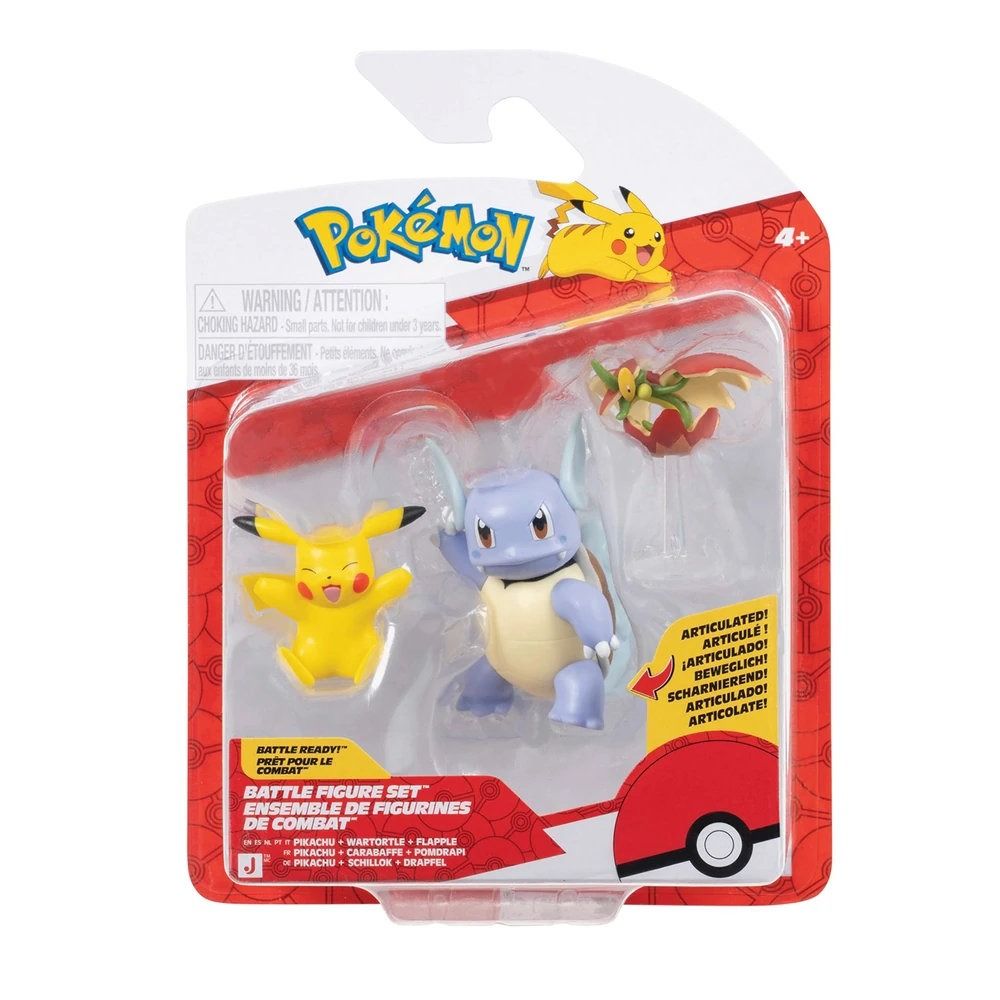 Red Pokemon branded packaging with clear window. Inside box are mini Pikachu, Wartortle and Flapple figurines. 