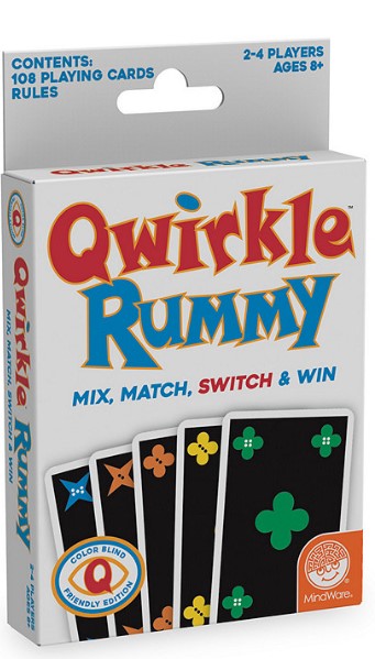 Qwirkle Rummy card game packaging with playing cards and text on a white background