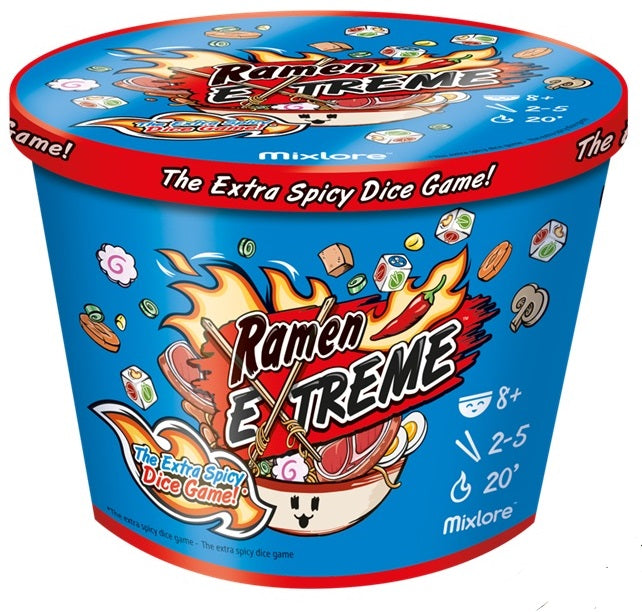 Ramen Extreme dice game container with blue and red design