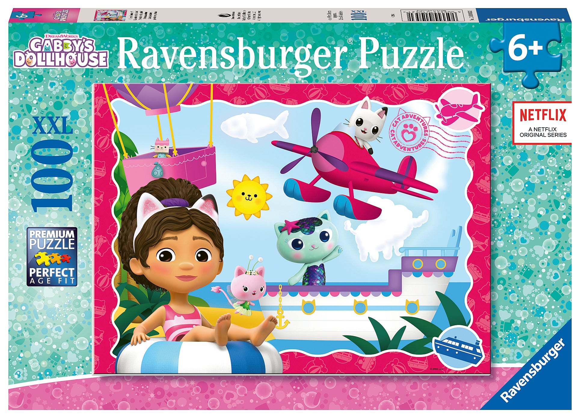 Ravensburger puzzle box featuring a character from a Netflix show with a plane and cat illustration. Ravensburger Gabby's Dollhouse Cat Adventures! 100 Pieces