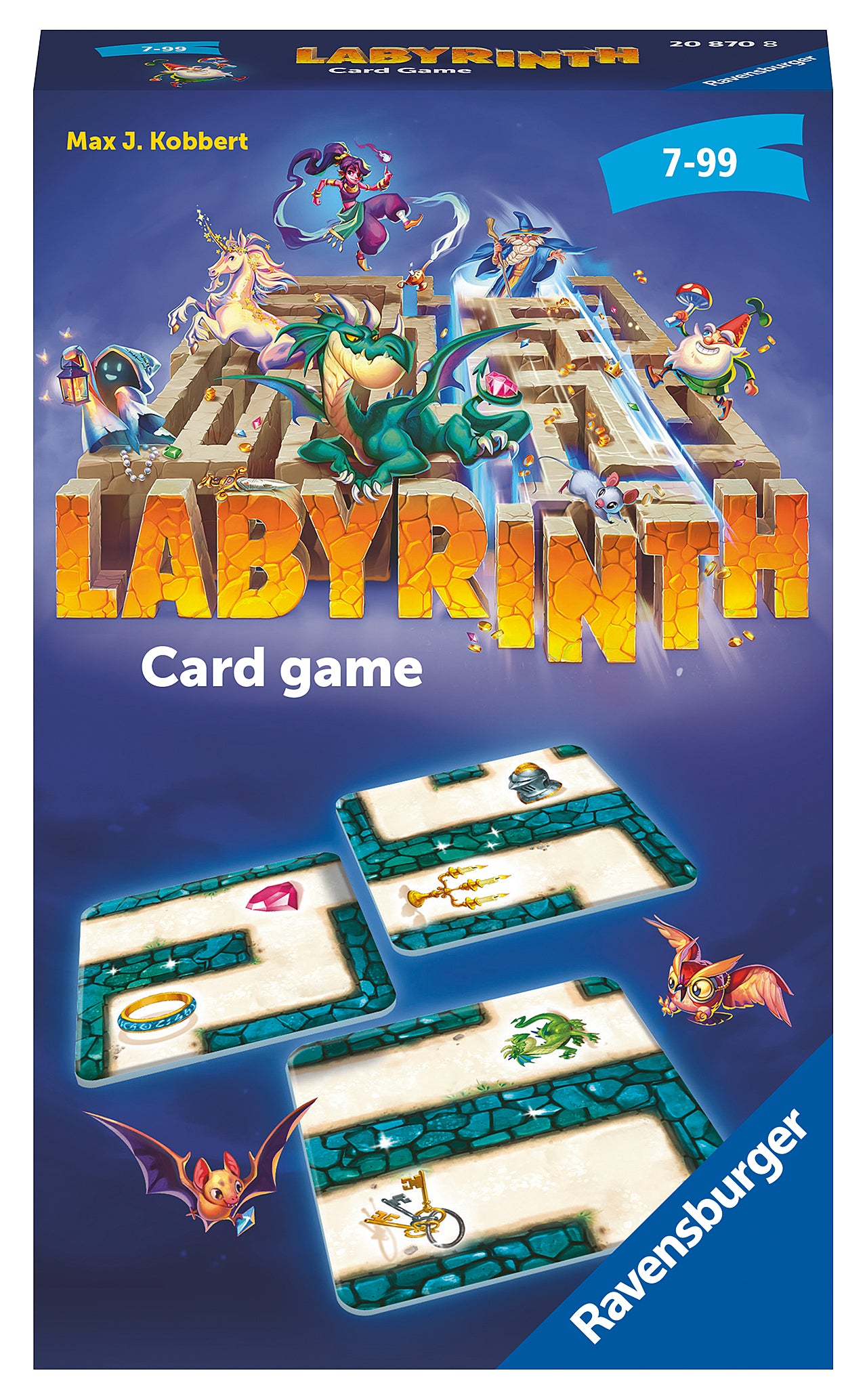 Labyrinth card game packaging with colorful graphics and text on a blue background. Ravensburger Labyrinth Card Game.