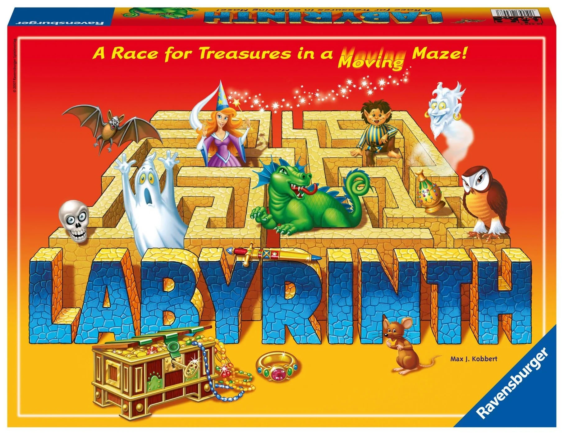 Board game box for 'Labyrinth' with colorful illustration of characters and maze. Ravensburger The Amazing Labyrinth Board Game.