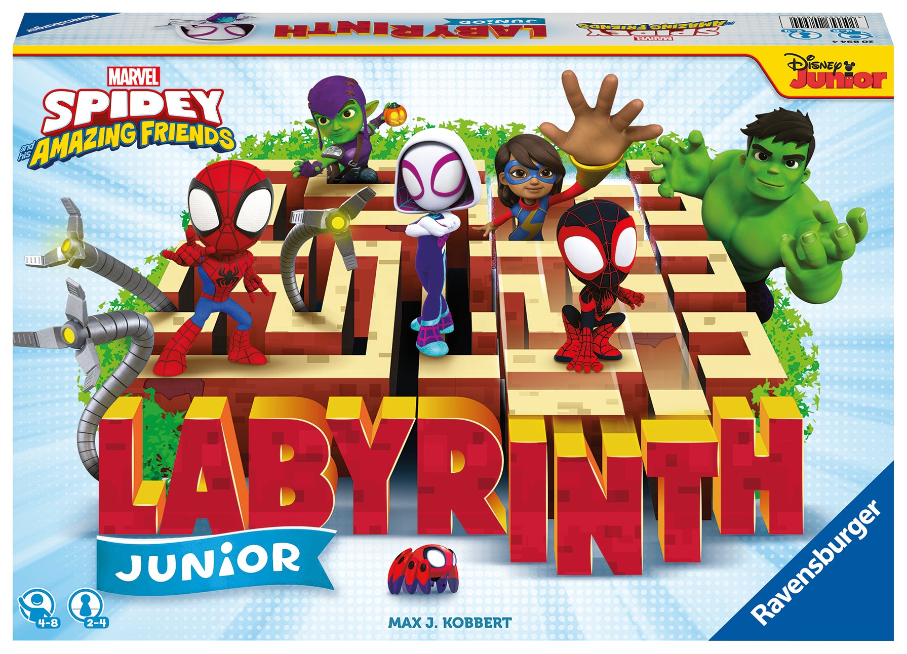 Ravensburger branded packaging with maze image on cover. Image includes marvels Hulk, Spiderman, Spidergwen, miles Morales and a maze. 