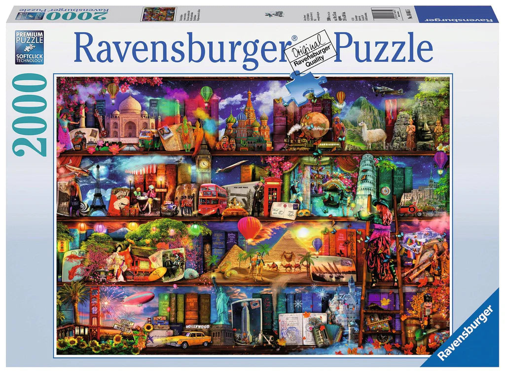 Ravensburger branded packaging with completed puzzle image. Image shows, books from different parts of the world. 