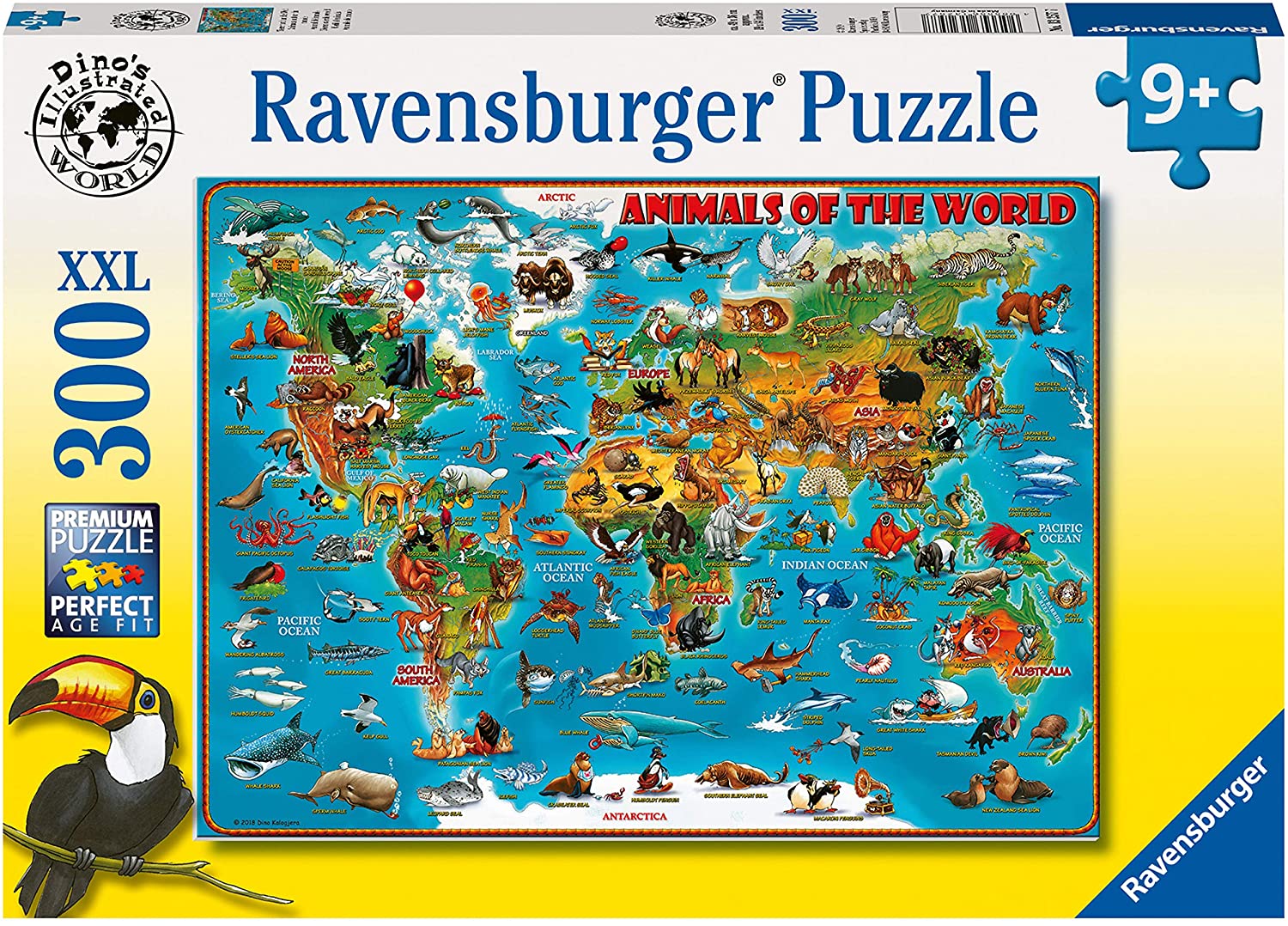 Ravensburger branded packaging with assembled puzzle on cover. Puzzle image shows, map of the world and native animals from each country. 