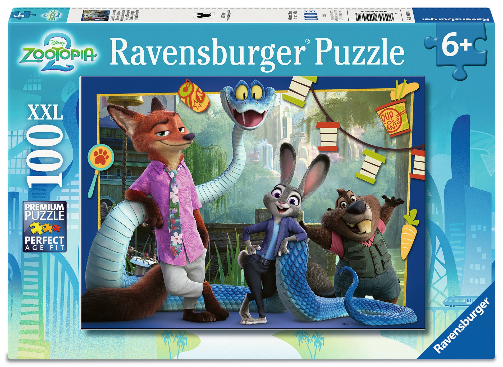 Ravensburger branded packaging with completed puzzle image. Image shows zootopia rabbit, fox, snake and beaver. 