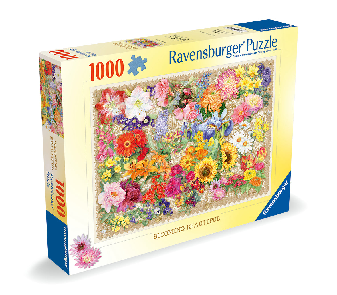 Ravensburger branded packaging with completed puzzle image. Image shows assorted wildflowers with their names underneath, eg, rose, hyacinth, honeysuckle, etc. 