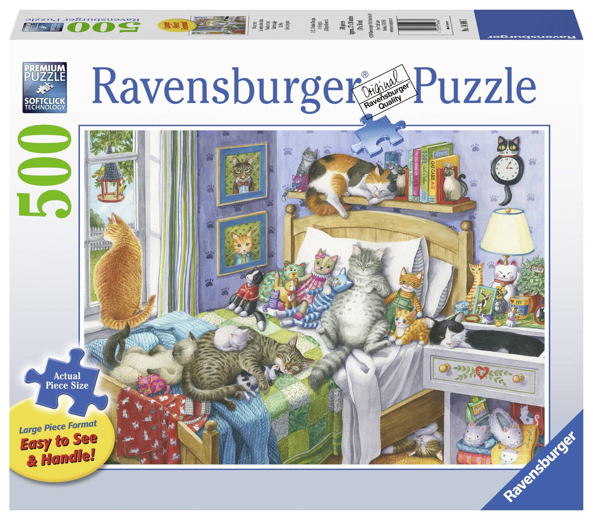 Ravensburger puzzle with complete puzzle on cover. Image shows 7 adult cats sleeping on/ around the bed and two kittens. 