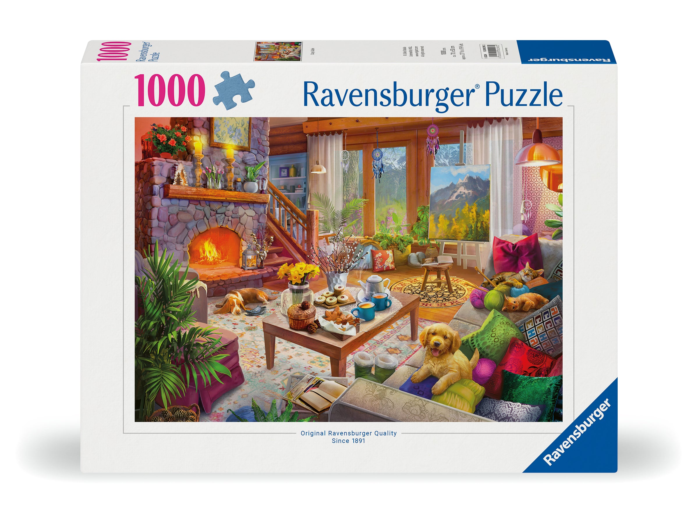 Ravensburger branded packaging with finished puzzle image. Image shows cabin with kittens, dogs, a fireplace, indoor plants and a window with mountainside in view. 