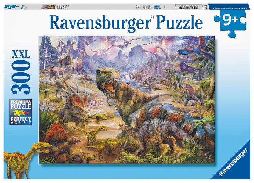 Ravensburger branded packaging with completed puzzle image. Image shows, Distant volcano, ancient flora and dinosaurs. 