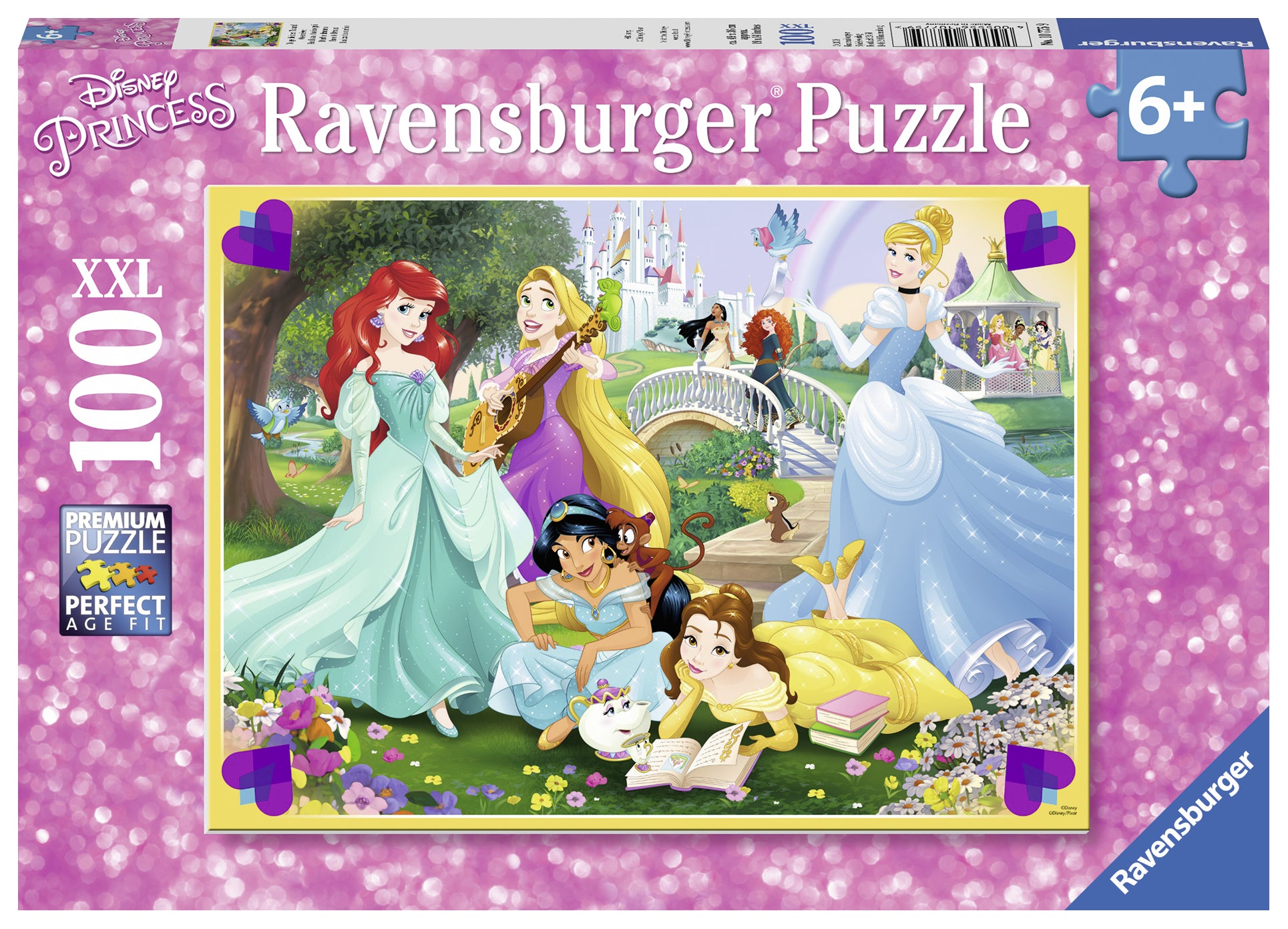 Disney princess puzzle with distant Disney castle, Cinderella, Belle, Ariel, Rapunzel and Jasmine.