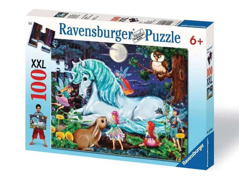 Ravensburger branded packaging with completed puzzle image. Image shows unicorn in enchanted woods. 