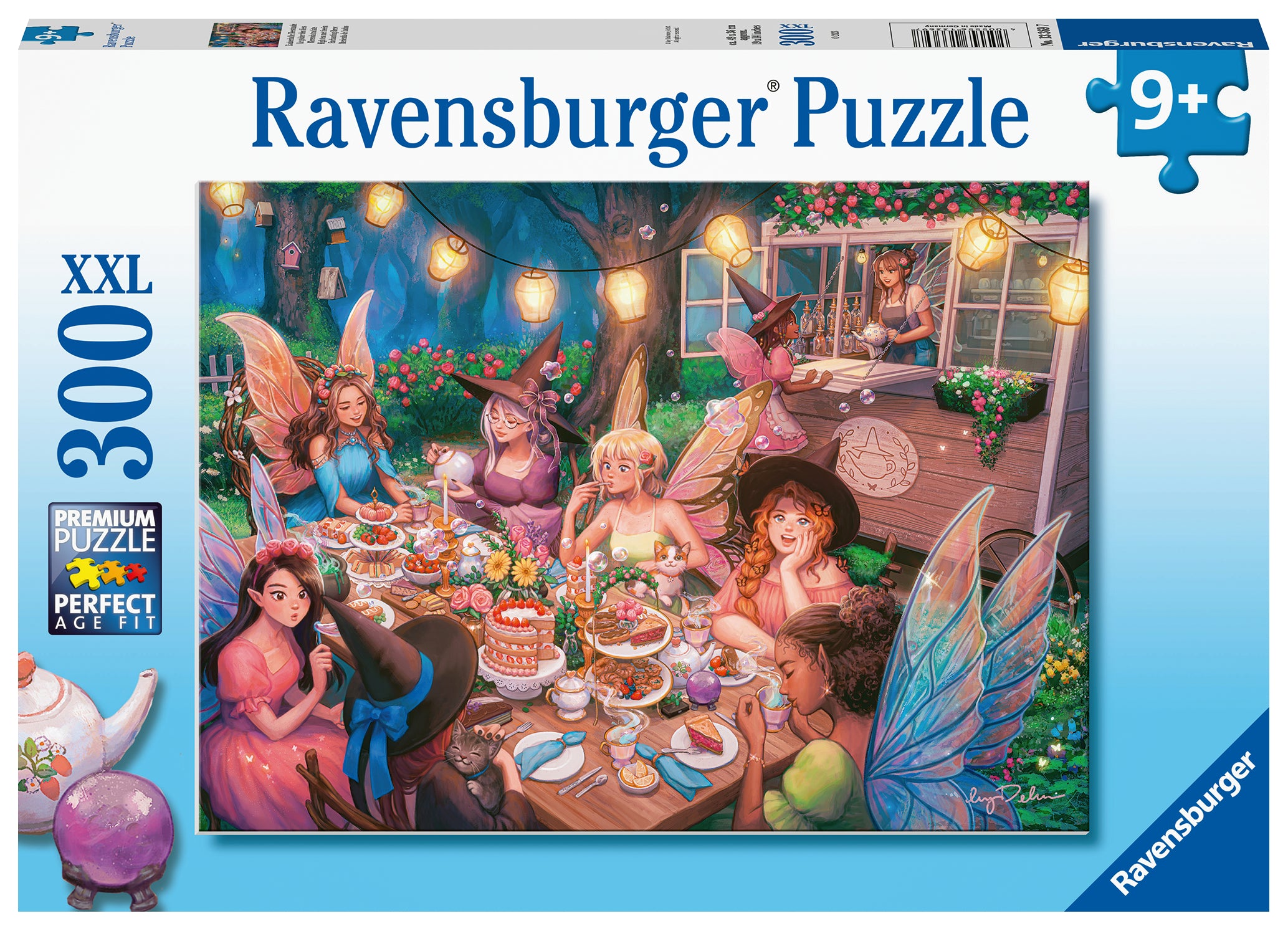 Ravensburger branded packaging with finished puzzle image. Image shows fairies, witches, a banquet and lanterns. 