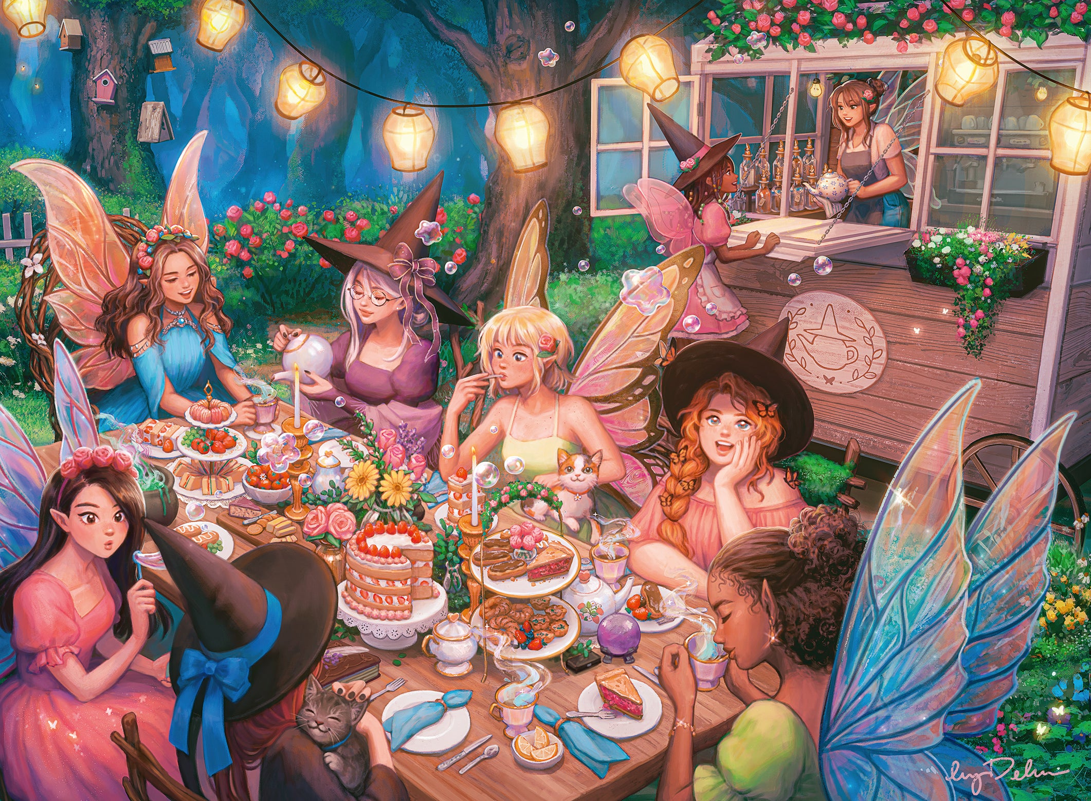 Ravensburger branded packaging with finished puzzle image. Image shows fairies, witches, a banquet and lanterns. 