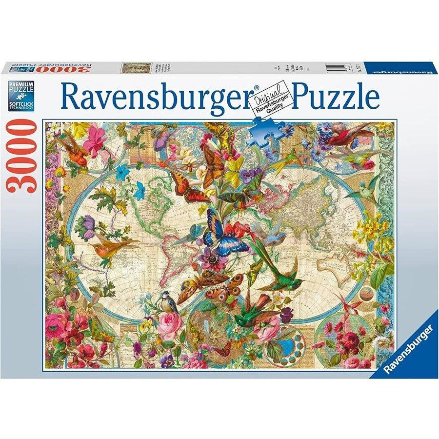 Ravensburger branded packaging features, map of the globe with butterflies, flora and beautiful birds.