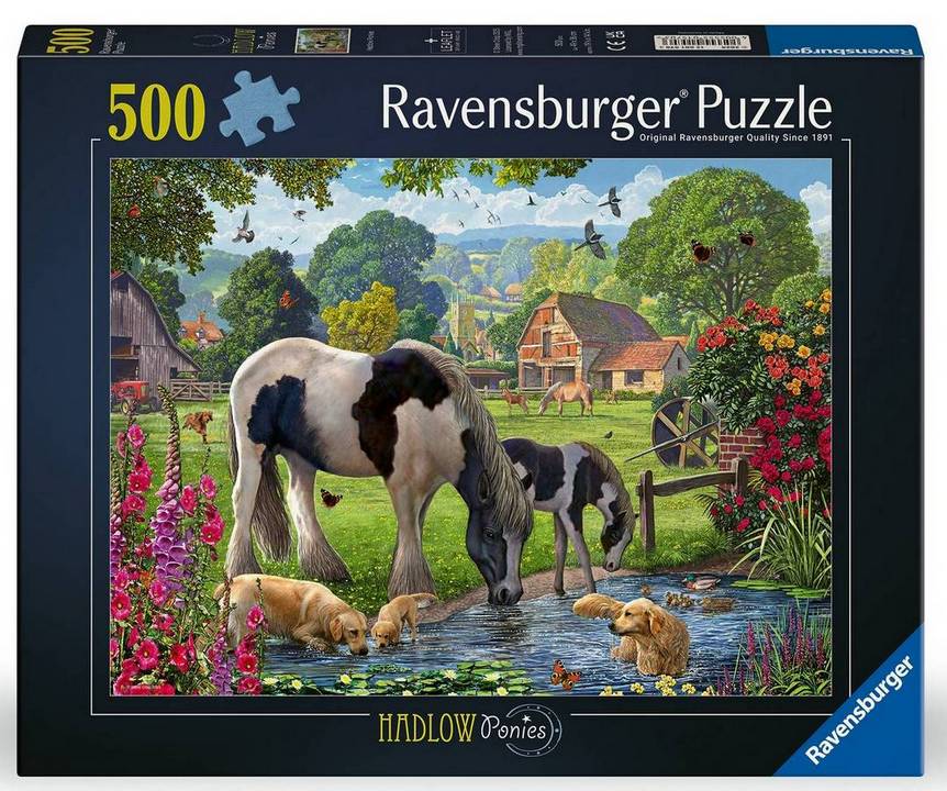 Ravensburger branded box with assembled puzzle image. Image shows Golden retrievers and Hadlow ponies drinking from a stream with farm backdrop. 