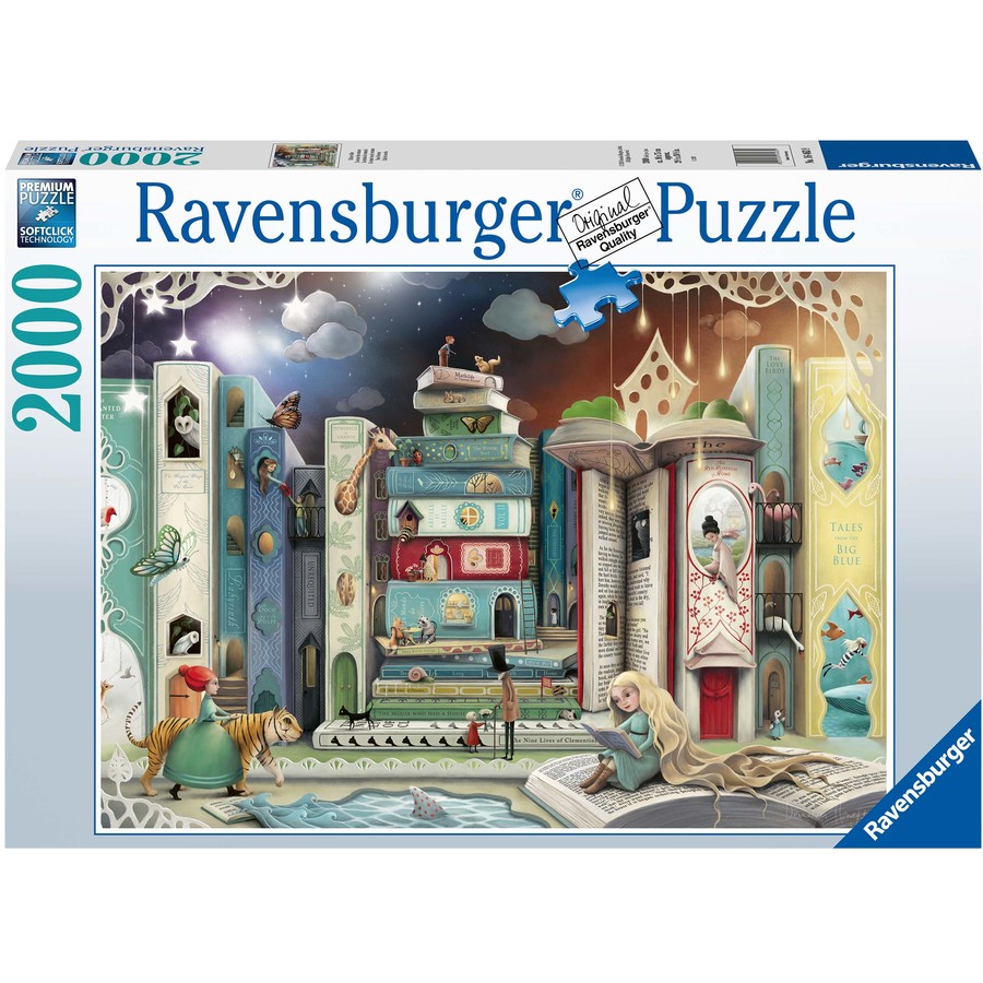 Ravensburger packaging with white border and complete puzzle. Puzzle shows numerous Novels being used as housing by animals and hanging glowing stars. 