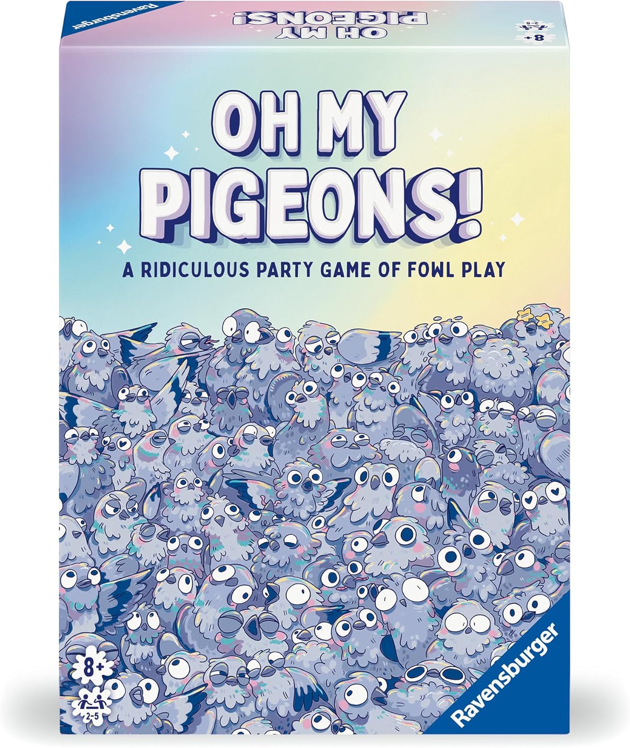 Board Game Cover, featuring hoard of Chibi pigeons on a white background. 