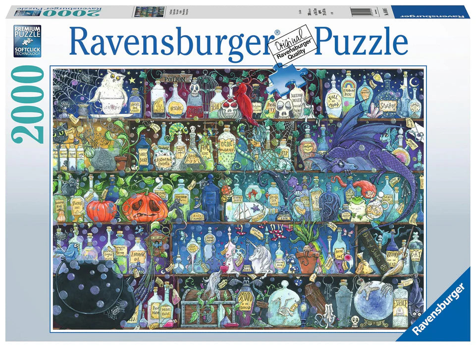Ravensburger packaging with assembled puzzle image. Image shows a book case full of glass bottles, poison vials, pumpkins and a purple dragon.