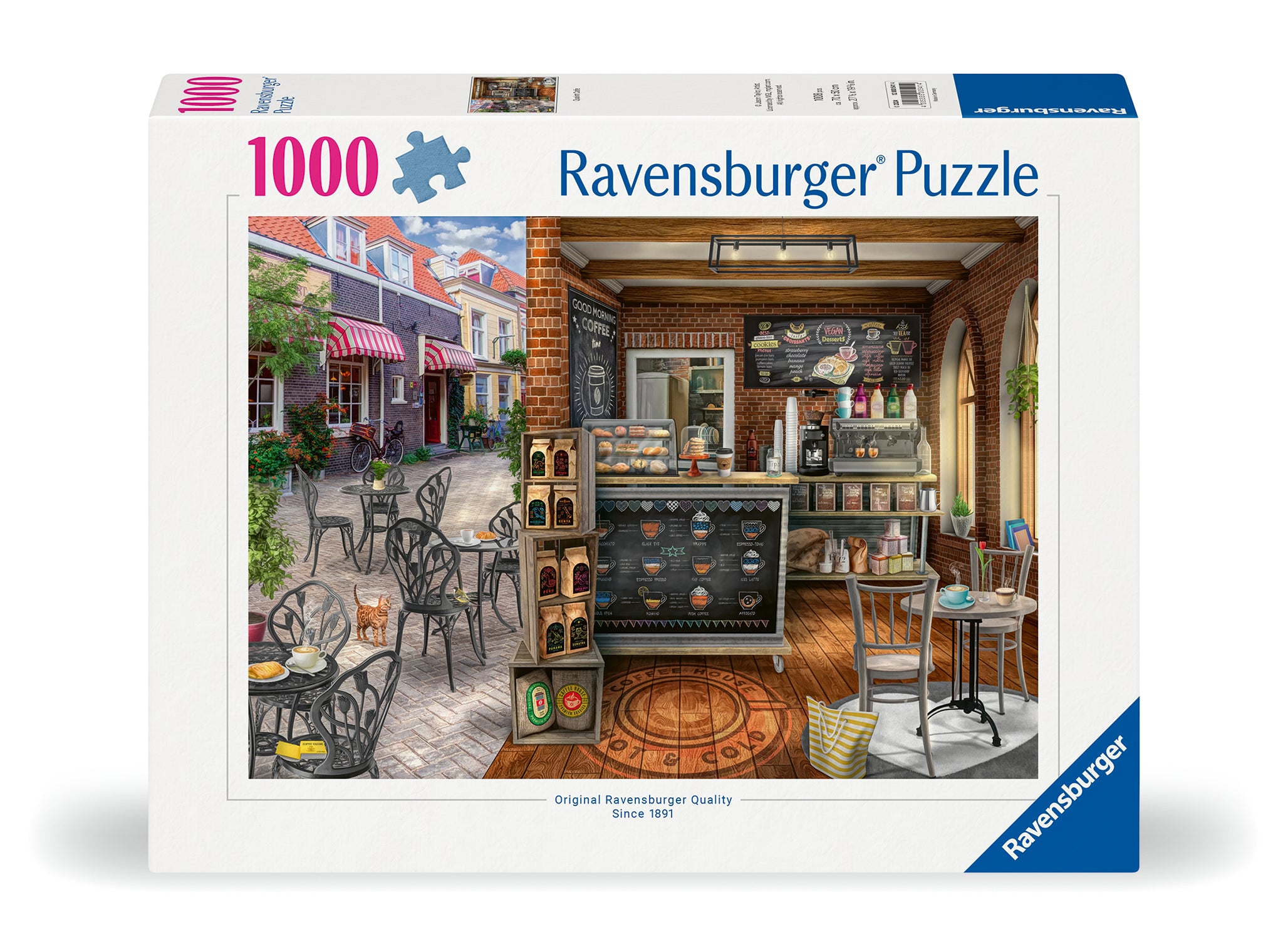 Ravensburger Branded packaging with complete puzzle image on cover. Image shows a split between outdoor cafe seating and the main shop, with a rustic feel. 