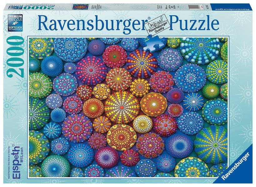 Ravensburger branded box with completed puzzle image. Image shows, Rainbow Mandala flowers. 