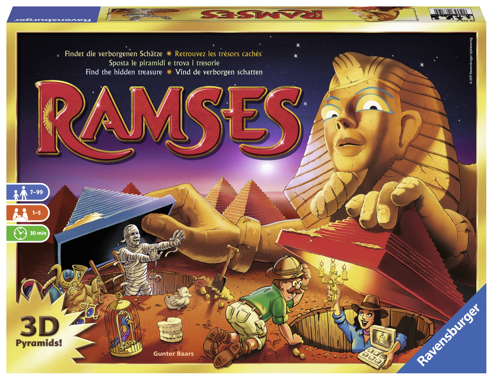Image Contains, Ramses Board game cover. Cover features, Sandstone Pharaoh Statue, Bandaged mummy and cartoon archaeologists. 