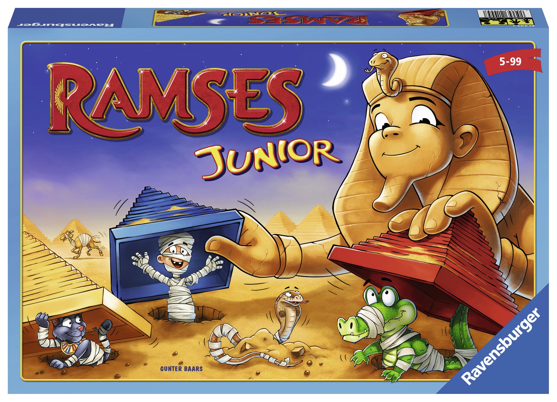 Board game cover features, Egyptian pharaoh stone statue with blue, red and sand coloured pyramid. 