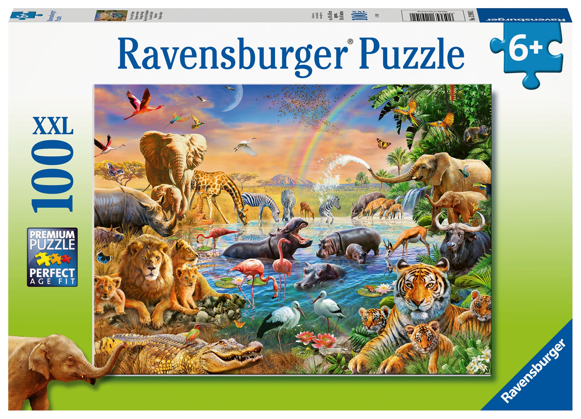Ravensburger branded packaging with completed puzzle image. Image shows Waterhole with Elephants, lions, tigers, hippos, buffalo and more. 