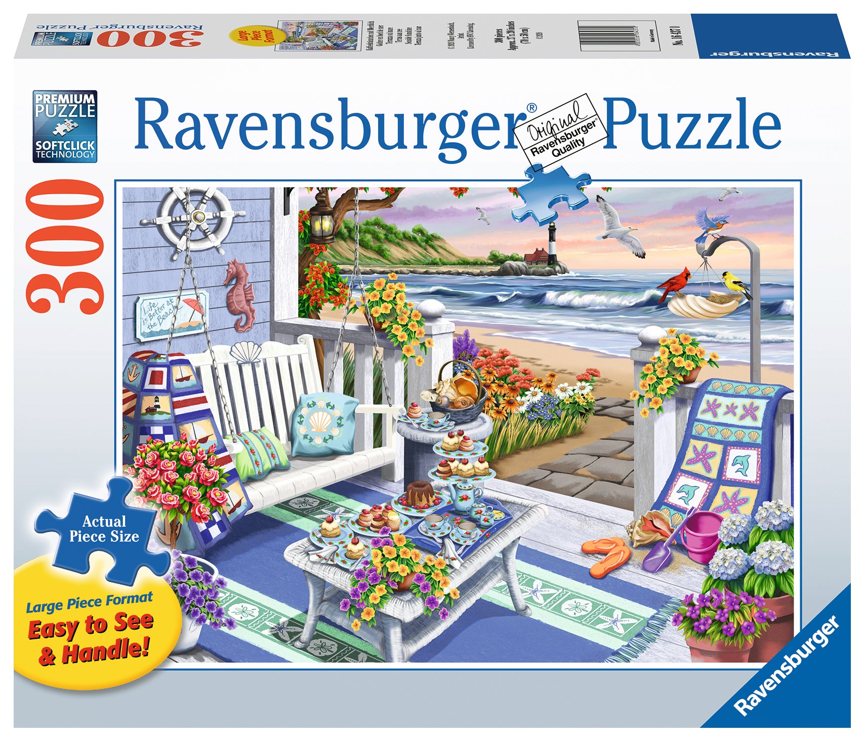Ravensburger branded packaging with complete puzzle image on cover. Image shows comfortable beach shack with afternoon tea ready. Also seen is a distant beach with light house and seagulls. 