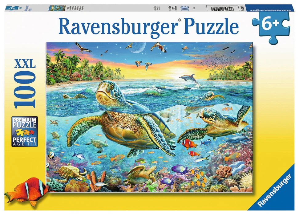 Ravensburger branded packaging with complete puzzle image on cover. Image shows reef with assorted tropical fish and sea turtles. 