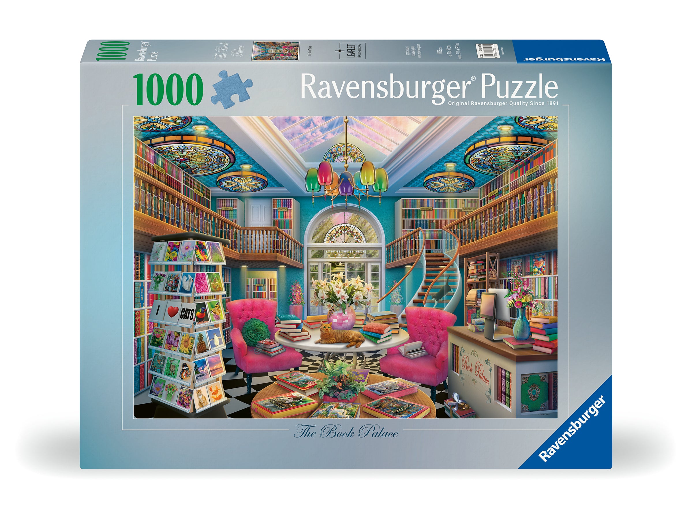 Ravensburger branded packaging with completed puzzle image on cover. Image shows, library with winding staircase, card stand, bookshelves, pink chairs and an orange cat. 