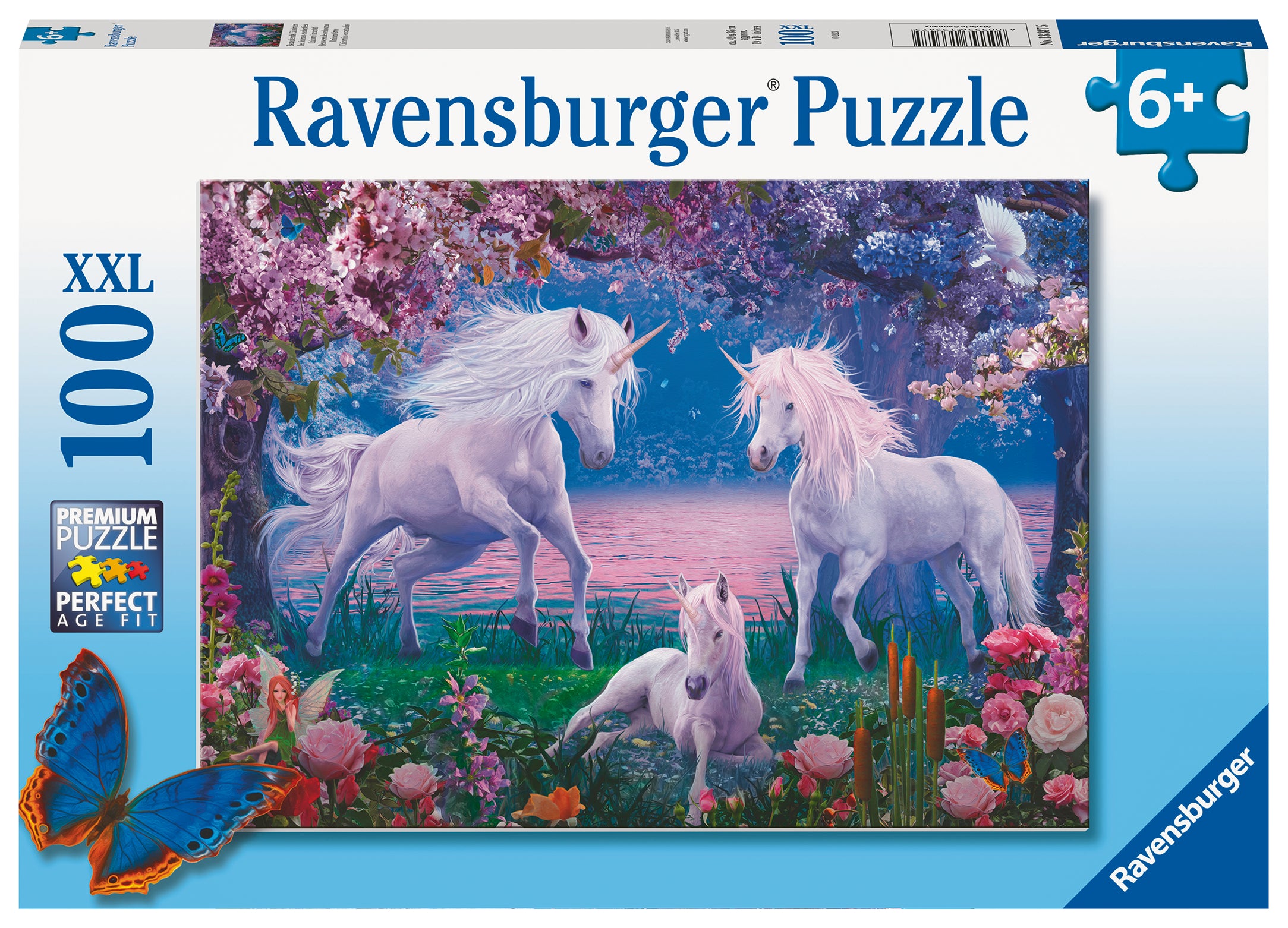 Ravensburger branded packaging with completed puzzle on cover. Image shows, two unicorns and a foal in woodlands surrounded by flowers. 