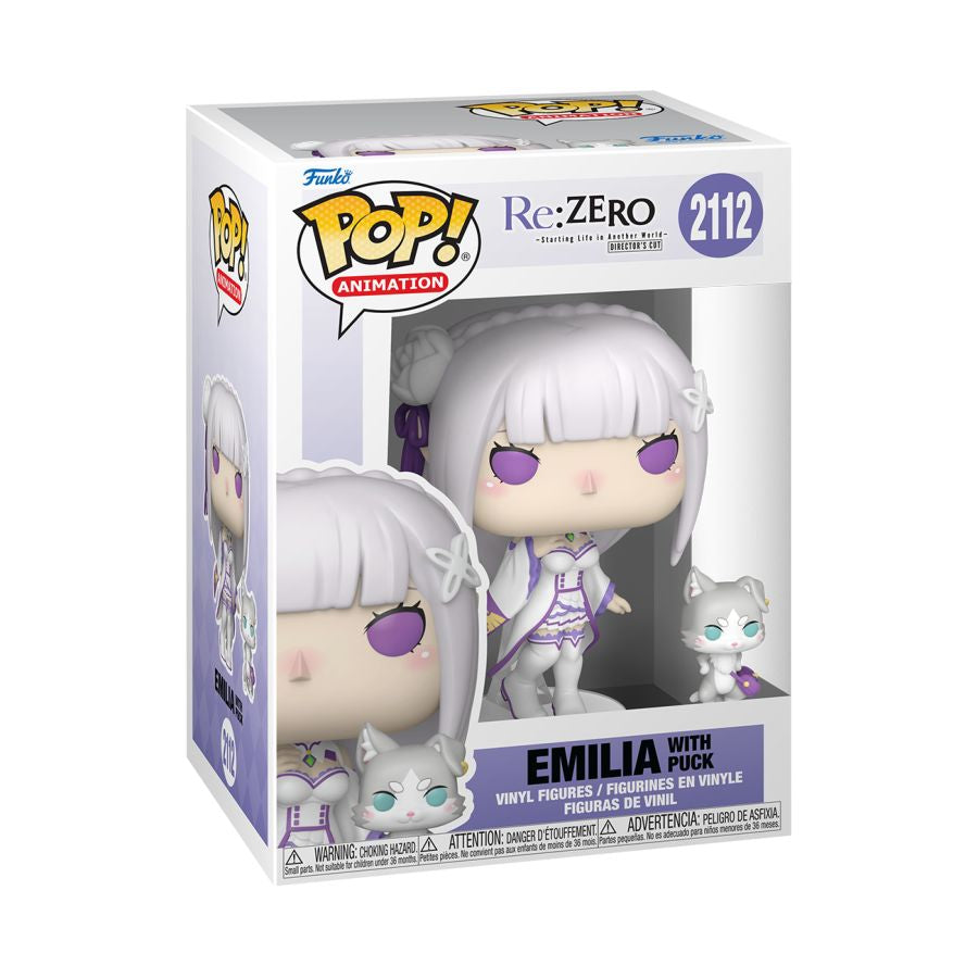 Animated figure with cat sidekick. ReZero - Emilia & Puck Pop! Vinyl