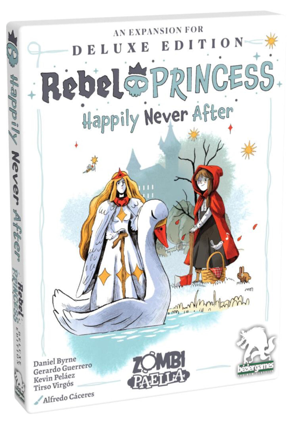 Board game expansion box for 'Rebel Princess: Happily Never After' with illustrations of characters and Zombi Paelea logo.