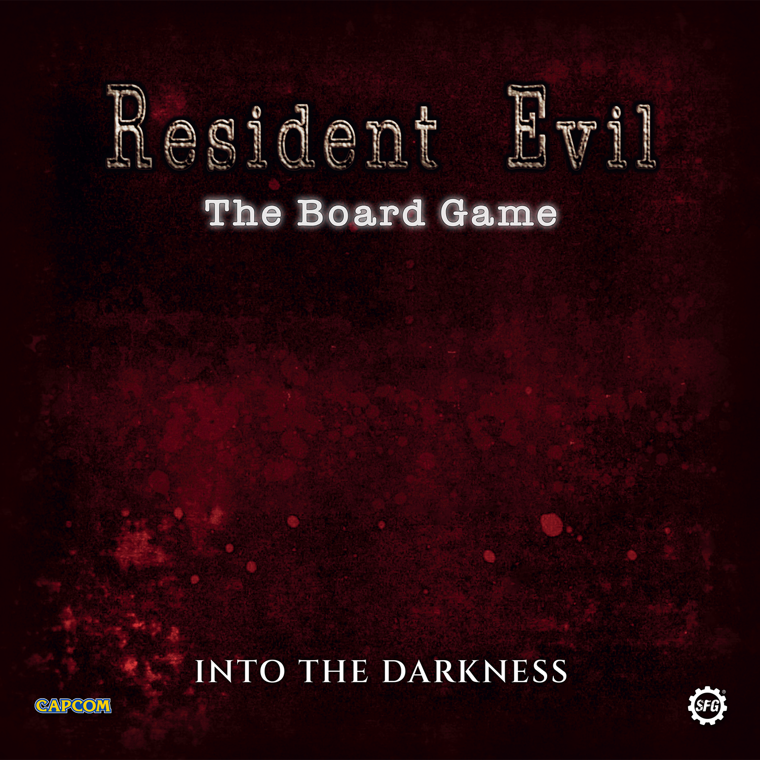 Cover of 'Resident Evil: The Board Game Into the Darkness' with a dark red background and text.