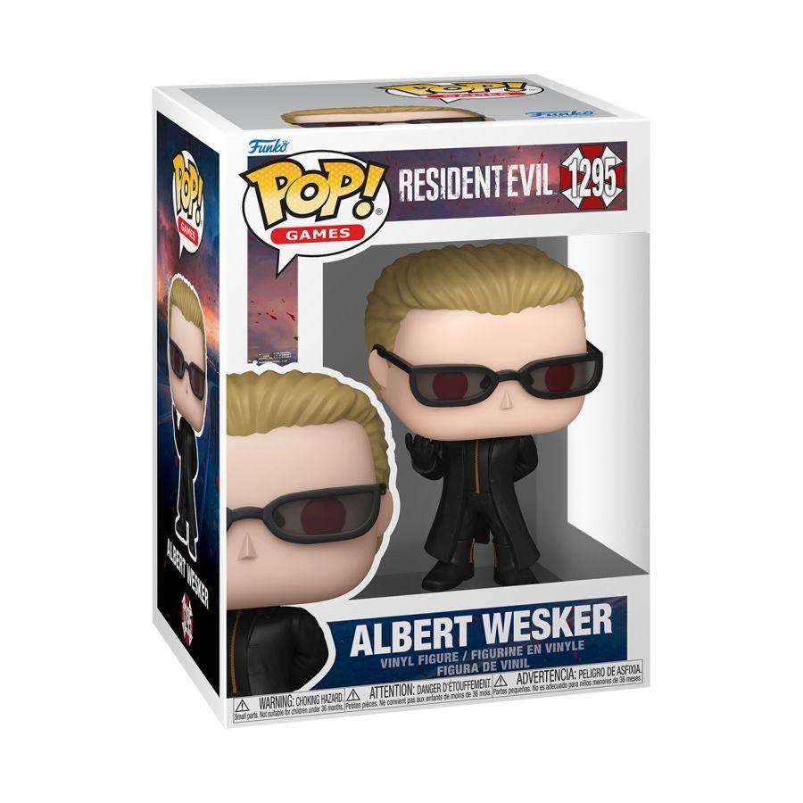 Funko branded packaging with clear window. Inside box is Albert Wesker figure with black coat, black leather gloves, red eyes, black boots and sunglasses. 