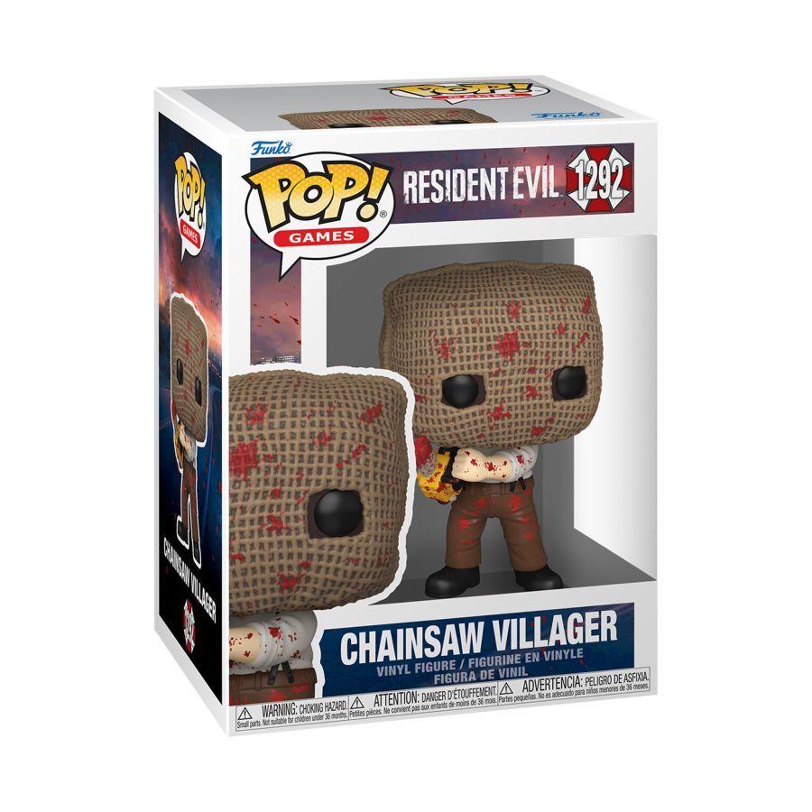 Funko branded packaging with clear window. Inside box is Chainsaw villager action figure. Figure is covered in blood with bloody chainsaw, black boots and sack over his head. 
