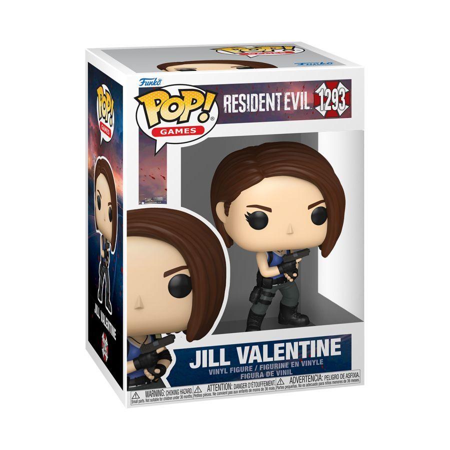 Funko branded packaging with clear window. Inside box is Jill Valentine figure, adorned with handgun, Weapons belt, Black boots and cargo pants.