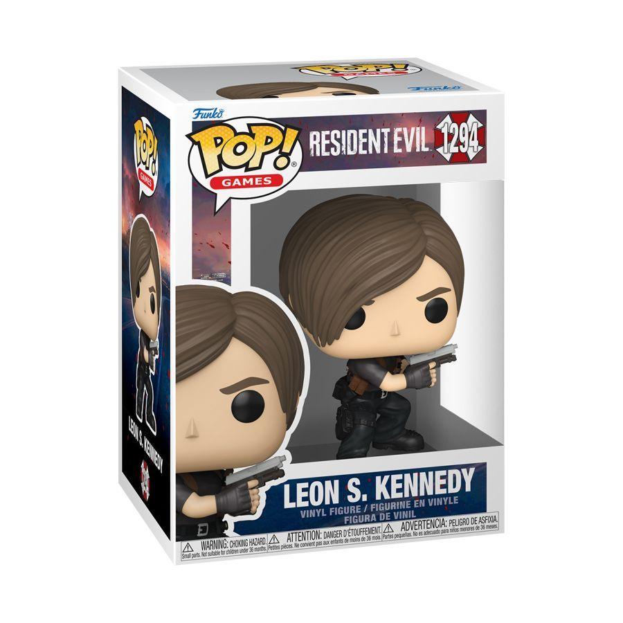 Funko branded packaging with clear window. Inside box is Leon Kennedy action figure, with brown hair, pistol, weapons belt and black clothing. 