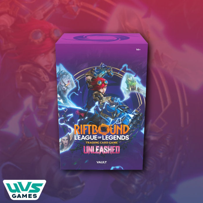 Trading card game box for 'Riftbound League of Legends' with colorful characters on a purple background.