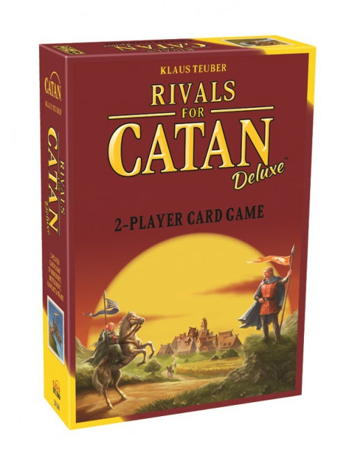 Board game box for 'Rivals for Catan Deluxe' with a red and yellow design.