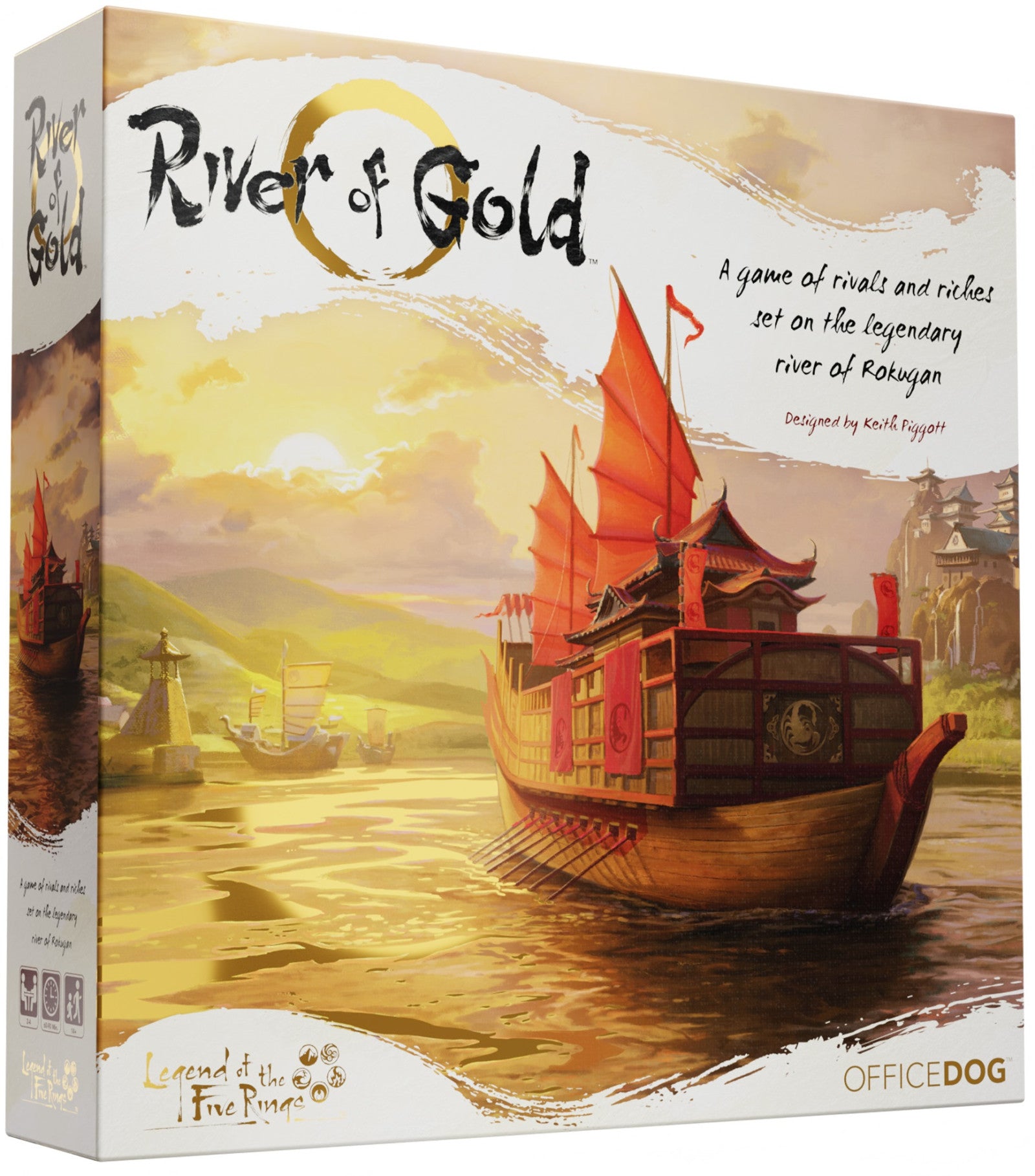 Board game box for 'River of Gold' with a ship on a river and mountains in the background.