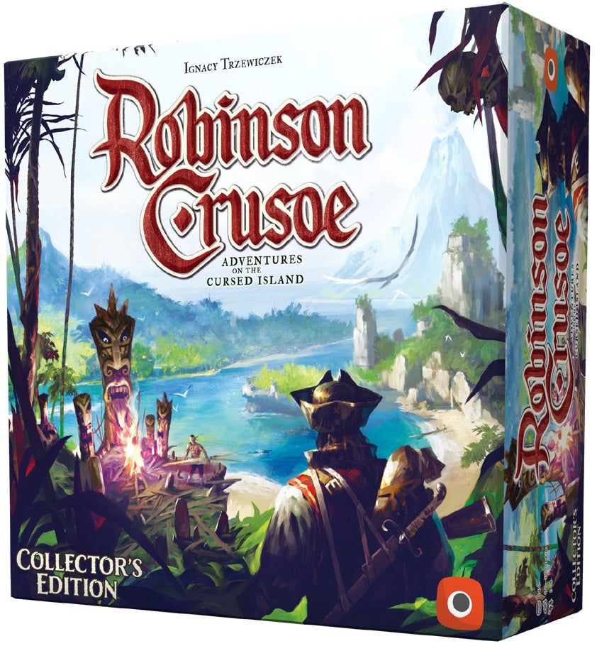 Board game box for 'Robinson Crusoe' with a pirate on a island and mountains in the background.